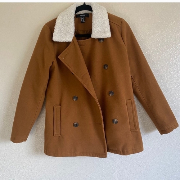 Forever 21 Tan Faux Fur Collar Brown Peacoat L Double Breasted Y2K Fall Winter - Picture 3 of 15